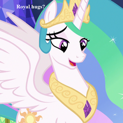 Size: 720x720 | Tagged: safe, edit, edited screencap, screencap, princess celestia, alicorn, pony, celestial advice, bronybait, cropped, cute, cutelestia, female, hug, jewelry, regalia, smiling, solo, text