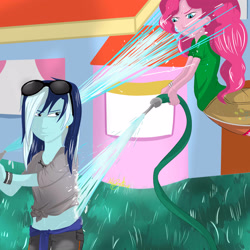 Size: 3000x3000 | Tagged: safe, artist:helgabuttercup, pinkie pie, oc, equestria girls, clothes, ear piercing, earring, garden hose, hose, jewelry, midriff, pants, piercing, playing, skirt, sunglasses, water fight