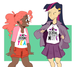 Size: 1280x1113 | Tagged: dead source, safe, artist:pizzakladd, derpibooru import, pinkie pie, twilight sparkle, human, asexual, asexual pride flag, dark skin, duo, headcanon, humanized, lgbt, lgbt headcanon, pansexual, pansexual pride flag, pride, sexuality, sexuality headcanon, simple background