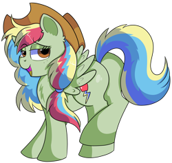 Size: 1280x1212 | Tagged: safe, artist:rainbowtashie, derpibooru import, applejack, rainbow dash, oc, oc:zap-apple jam, earth pony, pegasus, pony, butt, commissioner:bigonionbean, cowboy hat, cutie mark, female, flank, fusion, fusion:zap-apple jam, hat, mare, plot, simple background, stetson, transparent background, writer:bigonionbean