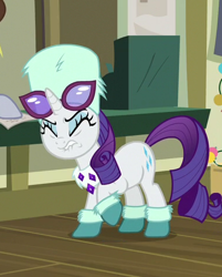 Size: 381x473 | Tagged: safe, screencap, rarity, pony, unicorn, best gift ever, boots, cropped, cutie mark, eyes closed, female, hat, invisible stallion, lip bite, mare, out of context, shoes, solo focus, winter outfit