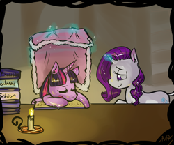 Size: 900x750 | Tagged: safe, artist:puffpink, derpibooru import, rarity, twilight sparkle, twilight sparkle (alicorn), alicorn, pony, unicorn, book, candle, female, mare, sleeping