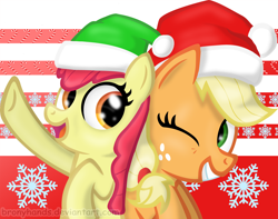 Size: 3840x3029 | Tagged: safe, artist:bronyhands, apple bloom, applejack, earth pony, pony, christmas, hat, santa hat, sisters, wink