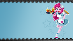Size: 1920x1080 | Tagged: safe, artist:uotapo, derpibooru import, edit, pinkie pie, coinky-dink world, eqg summertime shorts, equestria girls, equestria girls series, pinkie pie: snack psychic, abstract background, apron, blushing, burger, carhop, clothes, cute, diapinkes, doll, dress, drink, equestria girls minis, food, french fries, hat, headset, one eye closed, open mouth, pie, roller skates, server pinkie pie, skirt, solo, toy, waitress, wallpaper, wallpaper edit, wink