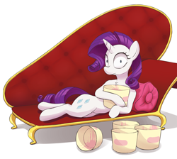 Size: 2000x1793 | Tagged: safe, alternate version, artist:hamanaki, rarity, pony, unicorn, caught, chest fluff, comfort eating, cutie mark, eating, fainting couch, female, food, ice cream, looking at you, mare, simple background, solo, white background