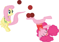 Size: 4323x3119 | Tagged: safe, artist:cloudyglow, fluttershy, pinkie pie, earth pony, pegasus, pony, buckball season, .ai available, absurd resolution, clothes, duo, eyes closed, fun, pinktails pie, simple background, transparent background, upside down, vector