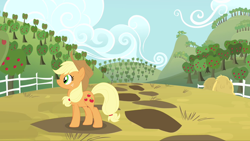 Size: 1366x768 | Tagged: safe, artist:ashi85, applejack, earth pony, pony, blonde mane, female, mare, orange coat, solo, sweet apple acres