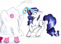 Size: 1024x744 | Tagged: safe, artist:shyredd, pinkie pie, rarity, earth pony, ghost, pony, unicorn, bedsheet ghost, coffee