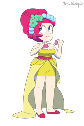 Size: 900x1350 | Tagged: safe, artist:tralalayla, pinkie pie, human, a canterlot wedding, bare shoulders, bridesmaid dress, cake, clothes, cute, diapinkes, dress, eating, female, food, humanized, simple background, solo, transparent background