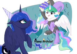 Size: 2247x1567 | Tagged: safe, artist:poowndraww, princess celestia, princess luna, alicorn, pony, cake, crown, duo, female, food, happy birthday, hat, jester, jewelry, mare, party hat, regalia, sisters