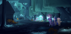 Size: 4535x2150 | Tagged: safe, artist:tivy, derpibooru import, fluttershy, rarity, twilight sparkle, twilight sparkle (alicorn), alicorn, pegasus, pony, unicorn, female, high res, hollow shades, mare, night, nightmare night, scenery