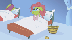 Size: 1280x720 | Tagged: safe, screencap, pinkie pie, earth pony, pony, applebuck season, back of head, baked bads, bed, bucket, cherry punch, female, green face, mare, puffy cheeks, sick