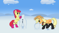 Size: 3840x2160 | Tagged: safe, artist:redquoz, apple bloom, applejack, earth pony, pony, boots, clothes, duo, duo female, ear fluff, female, filly, hat, mare, scarf, sisters, snow, snowpony, socks