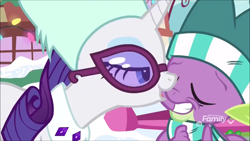 Size: 1280x720 | Tagged: safe, edit, edited screencap, screencap, rarity, spike, dragon, pony, unicorn, best gift ever, female, glasses, lidded eyes, male, smiling, snow, winged spike, winter outfit