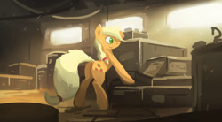 Size: 2500x1375 | Tagged: safe, artist:fuzzyfox11, applejack, earth pony, pony, backlighting, crate, solo