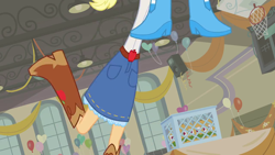 Size: 1280x720 | Tagged: safe, screencap, applejack, pinkie pie, equestria girls, equestria girls (movie), balloon, boots, cowboy boots, great moments in animation, high heel boots, smear frame, stretchy