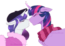 Size: 831x583 | Tagged: safe, artist:the-chibster, derpibooru import, rarity, twilight sparkle, twilight sparkle (alicorn), alicorn, pony, unicorn, beret, blushing, clothes, female, height difference, lesbian, magic, mare, rarilight, scarf, shipping, winter, winter outfit