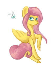 Size: 2300x2750 | Tagged: safe, artist:cinnamon-syrup, fluttershy, butterfly, pegasus, pony, looking away, raised hoof, simple background, sitting, solo, white background