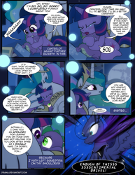 Size: 1275x1650 | Tagged: safe, artist:dsana, princess celestia, princess luna, spike, twilight sparkle, alicorn, dragon, pony, unicorn, comic:the shadow shard, blushing, book, comic, crying, dream, dream walker luna, female, filly, filly twilight sparkle, hug, mare in the moon, moon, speech bubble, winghug, younger