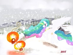 Size: 819x622 | Tagged: safe, artist:采妮老湿, princess celestia, alicorn, pony, cabin, female, lantern, mare, paper lantern, snow, solo