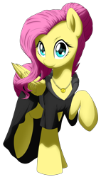 Size: 2210x3881 | Tagged: safe, artist:discorded-joker, fluttershy, pegasus, pony, alternate hairstyle, black dress, clothes, costume, cute, dress, folded wings, jewelry, looking at you, necklace, raised hoof, raised leg, shyabetes, simple background, smiling, solo, transparent background