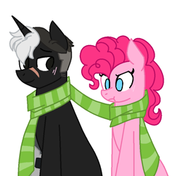 Size: 778x784 | Tagged: safe, artist:tristannoor10, pinkie pie, earth pony, pony, amputee, blushing, clothes, crossover, crossover shipping, ponified, prosthetic limb, prosthetics, scar, scarf, shared clothing, shared scarf, shipping, takashi shirogane, voltron, voltron legendary defender