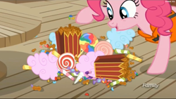 Size: 2531x1431 | Tagged: safe, screencap, pinkie pie, pony, ppov, candy, cotton candy, food, lollipop, peanut, solo