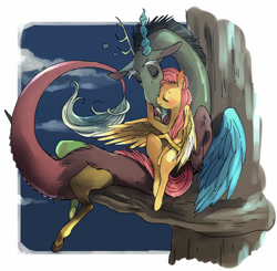 Size: 779x762 | Tagged: safe, artist:pasikon, discord, fluttershy, pegasus, pony, blushing, cuddling, cute, discoshy, eyes closed, male, shipping, snuggling, straight, tree