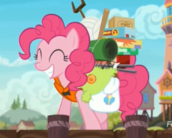 Size: 1653x1321 | Tagged: safe, screencap, pinkie pie, pony, ppov, board game, luggage, piñata, seaward shoals, smiling, solo