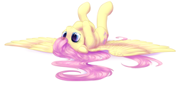 Size: 2200x1100 | Tagged: safe, artist:peachmayflower, fluttershy, pegasus, pony, blushing, cute, female, floppy ears, legs in air, mare, on back, shyabetes, simple background, smiling, solo, spread wings, white background