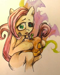 Size: 1080x1348 | Tagged: safe, artist:awk44, fluttershy, pegasus, pony, halloween, holding, mismatched eyes, open mouth, pumpkin, sitting, solo, traditional art