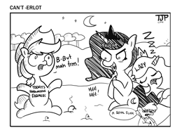 Size: 1872x1440 | Tagged: safe, artist:tjpones, applejack, princess celestia, princess luna, oc, oc:tjpones, alicorn, earth pony, pony, black and white, crescent moon, dialogue, editorial cartoon, evil grin, fangs, female, grayscale, grin, hooves together, laughing, lazy, male, mare, monochrome, moon, necktie, night, on back, parody, political cartoon, pun, royal sisters, rubbing hooves, satire, selfish, sharp teeth, signature, simple background, sitting, sleeping, smiling, speech bubble, stallion, stan kelly, sweet apple acres, teeth, text, the onion, tyrant celestia, tyrant luna, white background, zzz