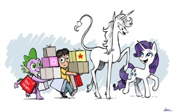 Size: 1518x984 | Tagged: dead source, safe, artist:pedantia, rarity, spike, classical unicorn, dragon, human, pony, unicorn, cloven hooves, crossover, female, leonine tail, looking at you, male, mare, marigold heavenly nostrils, phoebe, phoebe and her unicorn, shopping bags, unshorn fetlocks