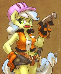Size: 829x1000 | Tagged: safe, artist:atryl, ambrosia, cindy block, anthro, cleavage, clothes, female, gloves, hammer, solo, tools
