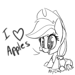 Size: 1389x1385 | Tagged: safe, artist:allyclaw, applejack, earth pony, pony, apple, big eyes, chibi, cute, fluffy, food, love, monochrome, solo, that pony sure does love apples