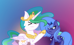 Size: 774x478 | Tagged: safe, artist:candie-cane-draws, princess celestia, princess luna, alicorn, pony, ><, duo, eyes closed, female, sisters