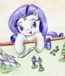 Size: 1585x1855 | Tagged: safe, artist:40kponyguy, derpibooru exclusive, rarity, pony, unicorn, dice, ear fluff, eldar, figurine, gaming miniature, looking at you, miniature, open mouth, redraw, ruler, solo, traditional art, warhammer (game), warhammer 40k