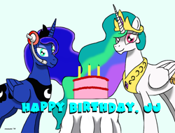 Size: 3956x3020 | Tagged: safe, artist:crazautiz, princess celestia, princess luna, alicorn, pony, cake, food, gamer luna, happy birthday, headphones, johnjoseco, smiling