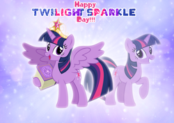 Size: 3457x2452 | Tagged: safe, artist:andoanimalia, derpibooru import, twilight sparkle, twilight sparkle (alicorn), unicorn twilight, alicorn, unicorn, big crown thingy, element of magic, open mouth, raised hoof, regalia, self paradox, solo, twilight day, twilight sparkle day, wallpaper