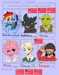 Size: 1971x2500 | Tagged: safe, artist:tenebristayga, derpibooru import, rainbow dash, dragon, human, ogre, pegasus, pony, :d, :o, :p, bust, chest fluff, clothes, crossover, draco malfoy, ear fluff, female, harry potter, helmet, how to train your dragon, male, mare, necktie, one eye closed, open mouth, raised hoof, shrek, six fanarts, soldier, team fortress 2, tongue out, toothless the dragon, underhoof, wink