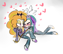 Size: 1280x1110 | Tagged: safe, artist:jankrys00, adagio dazzle, aria blaze, equestria girls, a-domme-gio, adaria, blushing, cat ears, clothes, collar, female, hoodie, human coloration, humanized, leash, lesbian, missing shoes, shipping, socks