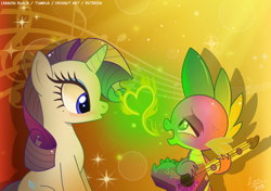 Size: 1000x704 | Tagged: safe, artist:lennonblack, rarity, spike, dragon, pony, unicorn, best gift ever, blushing, female, fire, flame heart, guitar, heart, male, mare, playing guitar, shipping, singing, song, sparity, straight, winged spike