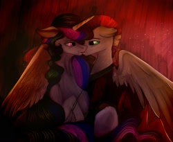 Size: 1894x1555 | Tagged: artist needed, source needed, safe, princess celestia, oc, oc:myrilith, alicorn, pegasus, pony, canon x oc, celith, kissing