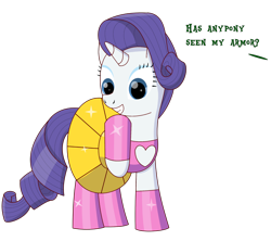 Size: 1650x1467 | Tagged: safe, artist:trackheadtherobopony, rarity, oc, oc:goldheart, pony, unicorn, armor, offscreen character, shiny, smiling, text