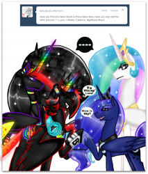 Size: 877x1028 | Tagged: safe, artist:nekomellow, princess celestia, princess luna, oc, oc:prince neon bass, oc:princess neon boom, alicorn, original species, pony, alicorn oc, neon pony, quartet, ye olde butcherede englishe