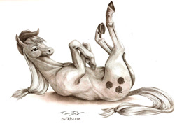 Size: 1200x878 | Tagged: safe, artist:hiroshi-tea, applejack, earth pony, horse, pony, applebutt, butt, crotchboobs, dock, female, hoers, horses doing horse things, mare, monochrome, nudity, on back, plot, realistic, realistic anatomy, realistic horse legs, signature, solo, traditional art, underhoof