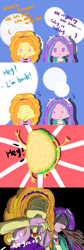 Size: 500x1496 | Tagged: safe, adagio dazzle, aria blaze, sonata dusk, equestria girls, rainbow rocks, 4koma, comic, drink, shocked, sonataco, spit take, taco, the dazzlings