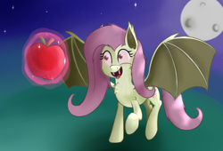 Size: 1544x1050 | Tagged: safe, artist:yakoshi, artist:zogzor, fluttershy, bat pony, pony, collaboration, apple, drool, flutterbat, food, magic, moon, night, race swap, solo