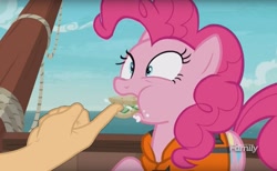 Size: 1131x698 | Tagged: safe, edit, edited screencap, screencap, pinkie pie, earth pony, pony, ppov, boop, boop edit, cucumber sandwiches, discovery family logo, finger, hand