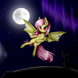 Size: 3000x3000 | Tagged: safe, artist:zakremciajkamala, fluttershy, bat pony, pony, flutterbat, flying, moon, night, race swap, solo